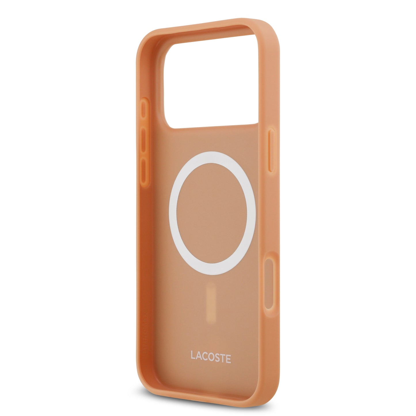 Funda Lacoste MagSafe de Piel Rosa con Monograma y Logo Dorado para iPhone 17 Pro | Case Original de Lujo