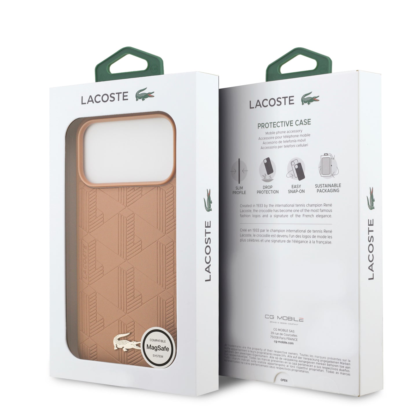 Funda Lacoste MagSafe de Piel Rosa con Monograma y Logo Dorado para iPhone 17 Pro | Case Original de Lujo