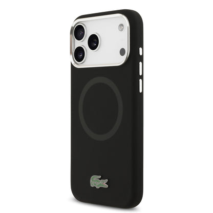 Funda Lacoste MagSafe de Silicona Negra con Logo Metálico para iPhone 17 Pro Max | Case Original de Lujo