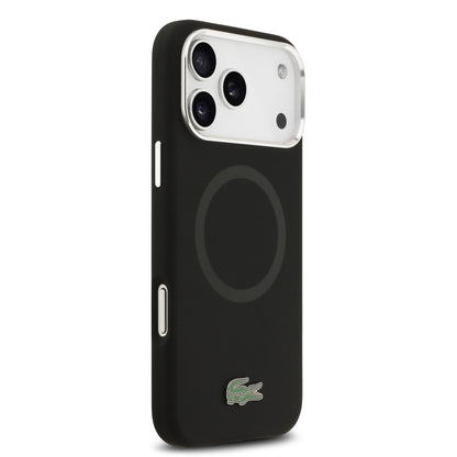 Funda Lacoste MagSafe de Silicona Negra con Logo Metálico para iPhone 17 Pro Max | Case Original de Lujo