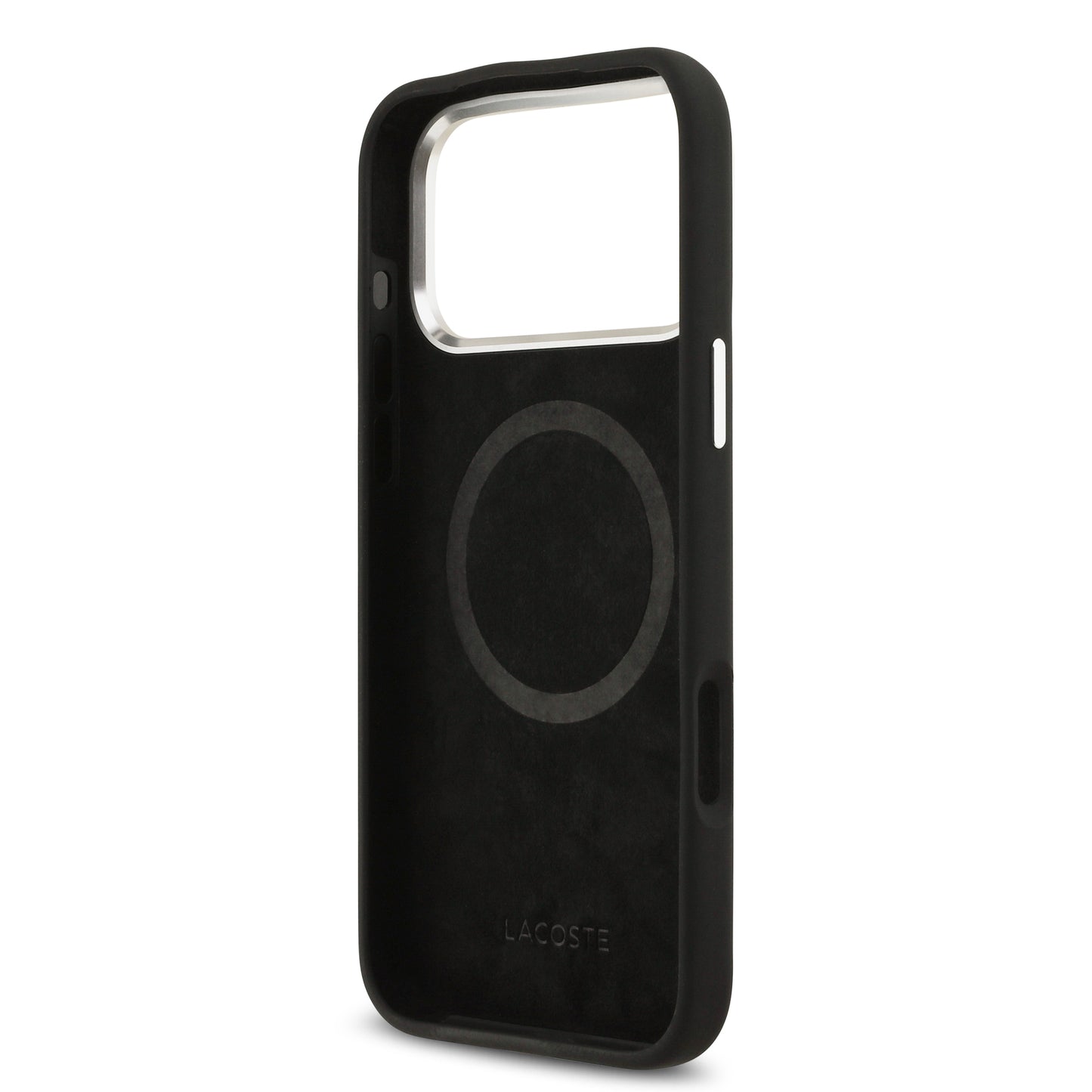 Funda Lacoste MagSafe de Silicona Negra con Logo Metálico para iPhone 17 Pro Max | Case Original de Lujo