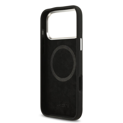 Funda Lacoste MagSafe de Silicona Negra con Logo Metálico para iPhone 17 Pro Max | Case Original de Lujo