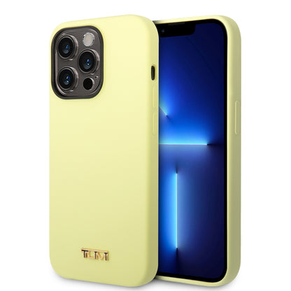 Funda TUMI Amarilla Silicón con Logo Metálico para iPhone 14 Pro Max