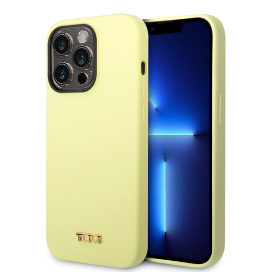 Funda TUMI Amarilla Silicón con Logo Metálico para iPhone 14 Pro Max