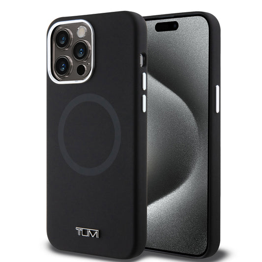 Funda TUMI Silicón Negra con MagSafe y Logo Metálico para iPhone 15 Pro Max
