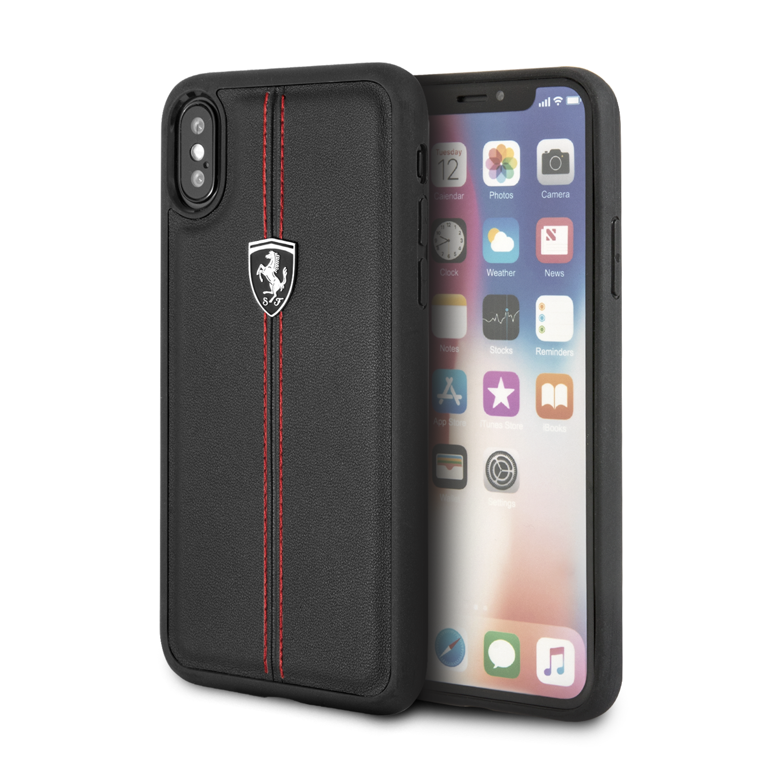 Funda Case Piel Negra Ferrari Logo Plata iPhone X/xs - ForwardContigo