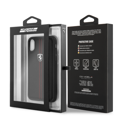 Funda Case Piel Negra Ferrari Logo Plata iPhone X/xs - ForwardContigo