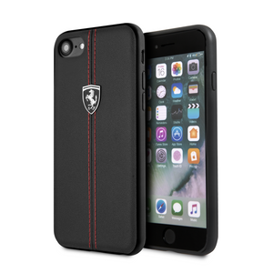 Case/Funda Ferrari de Piel Color Negro con Logo Plateado iPhone SE 2022, 6, 7 y 8 + Cristal Protector GRATIS