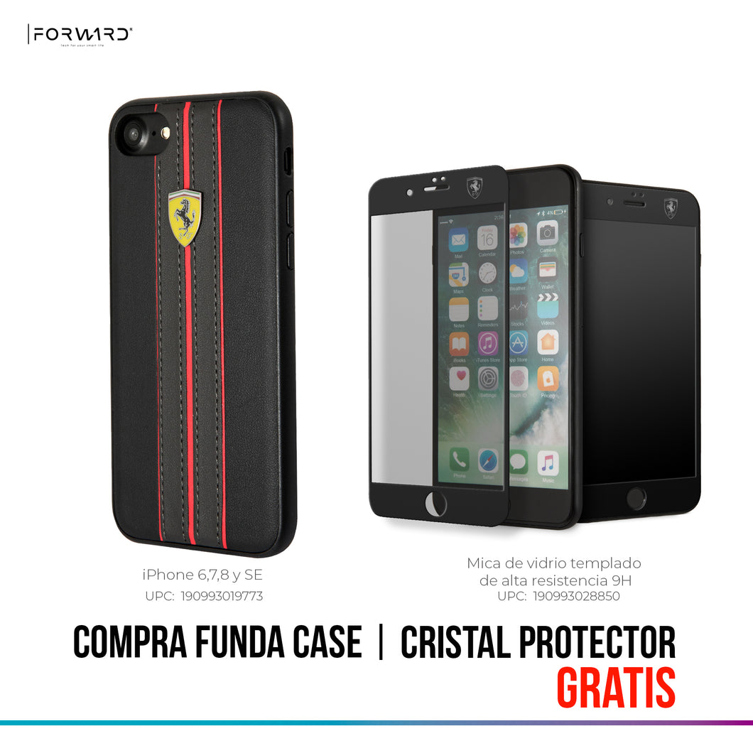 Case/Funda Ferrari de Piel Color Negro iPhone SE 2022, 6, 7 y 8 + Cristal Protector GRATIS