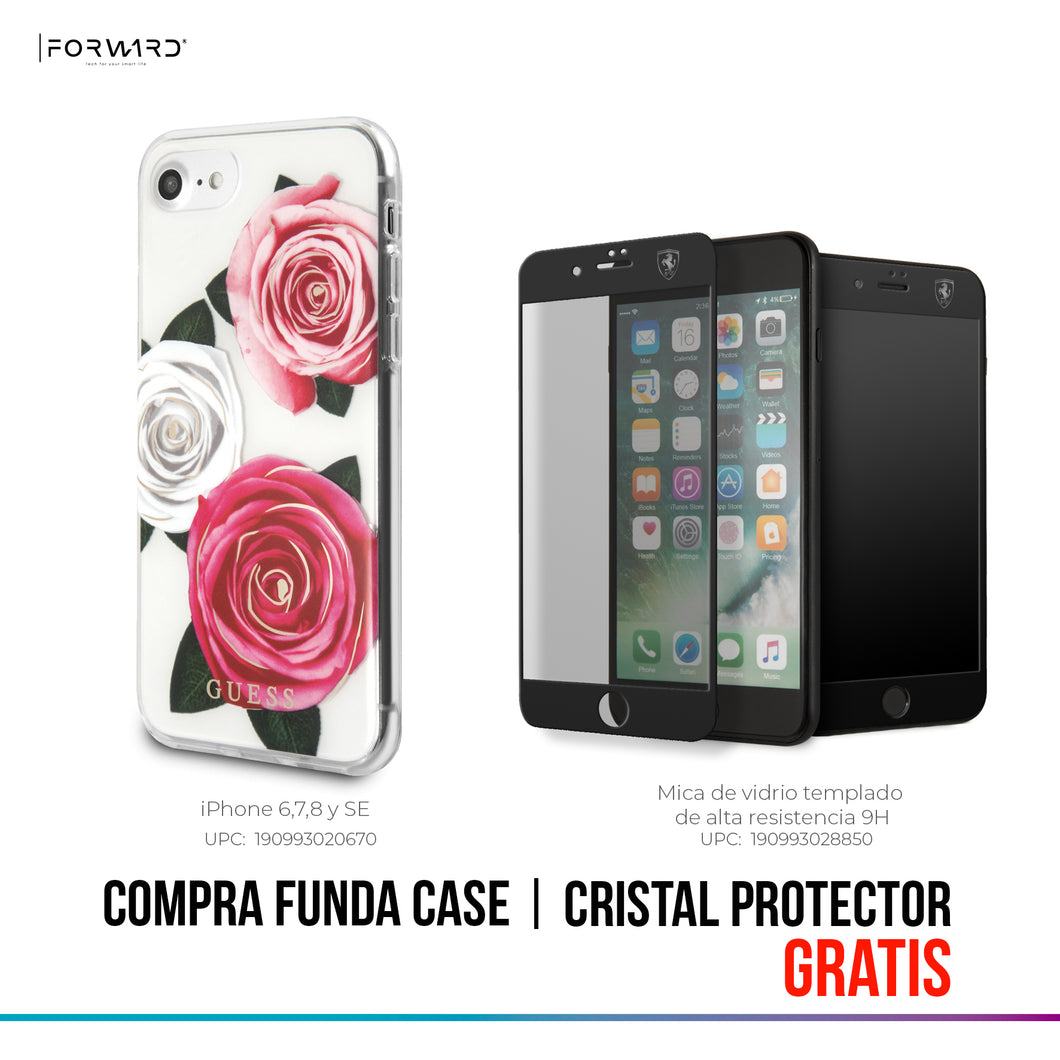 Case/Funda Guess Cristal y Rosas iPhone SE 2022, 6, 7 y 8 + Cristal Protector Gratis