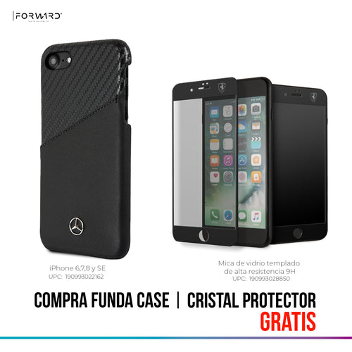 Case/Funda Mercedes Benz de Piel con Carbono Color Negro iPhone SE 2022, 6, 7 y 8 + Cristal Protector GRATIS