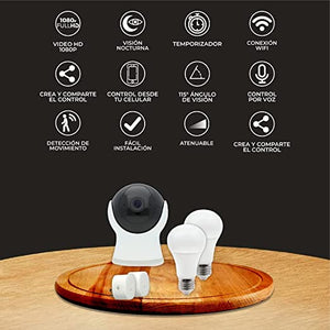 Kit Control Básico Inteligente WiFi: 1 Cámara, 2 Focos LED RGB + Blancos, 2 Enchufes