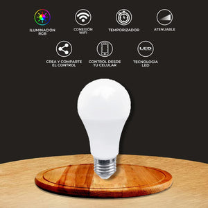 Foco LED Inteligente A19 WiFi 8 W, Luz RGB + Blanca, Base E27, Atenuable