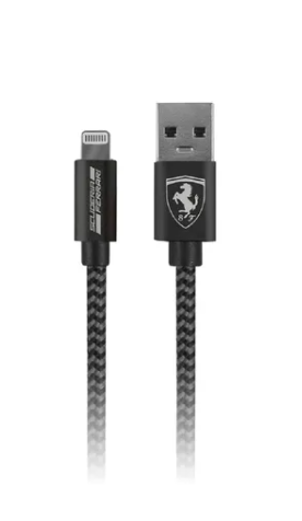 Cable Lihtning de Tejido Ferrari de 1 metro Color Negro iPhone 12, 11, X, SE, 8, 7.