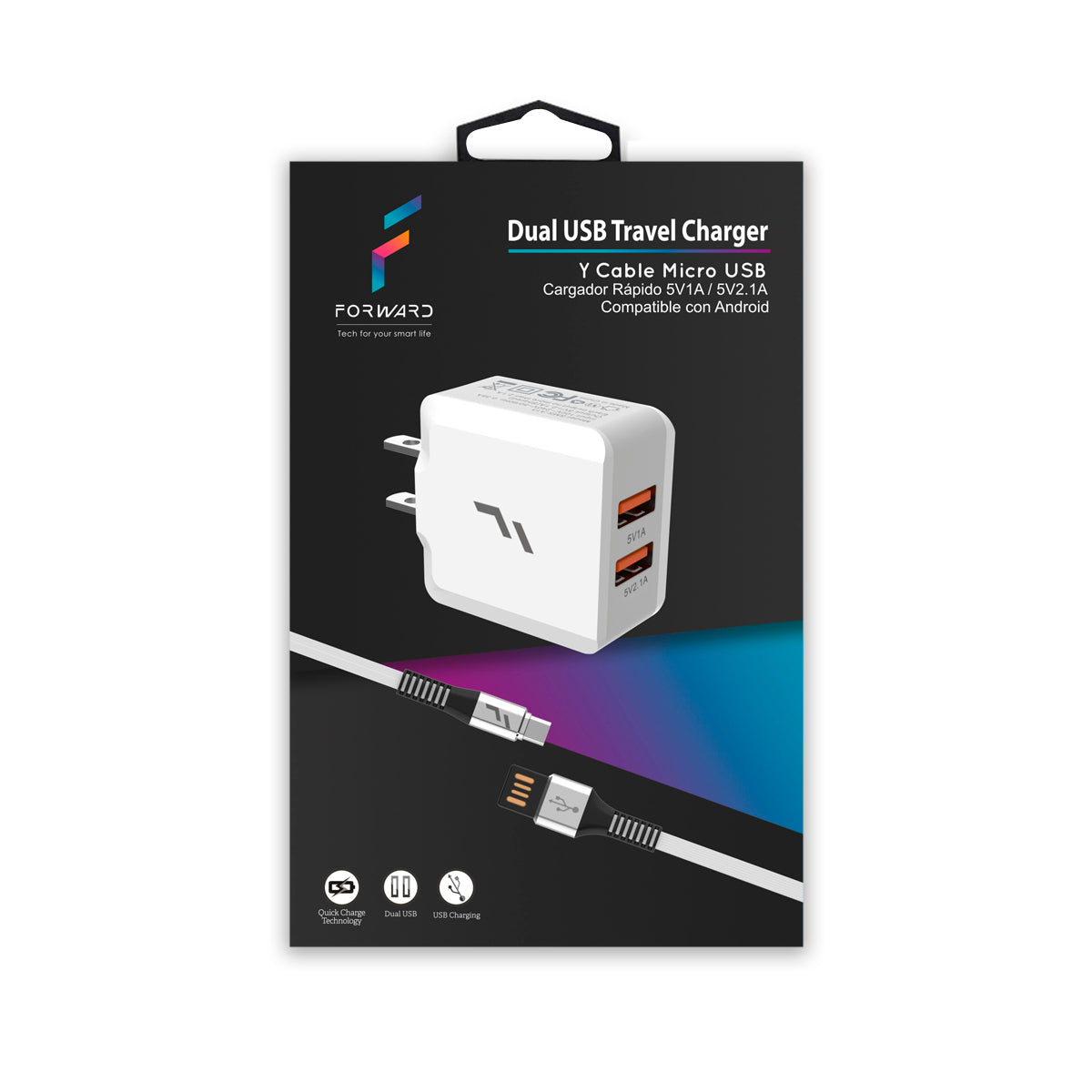 Dual USB Travel Charger con Cable Micro USB - Forward - ForwardContigo