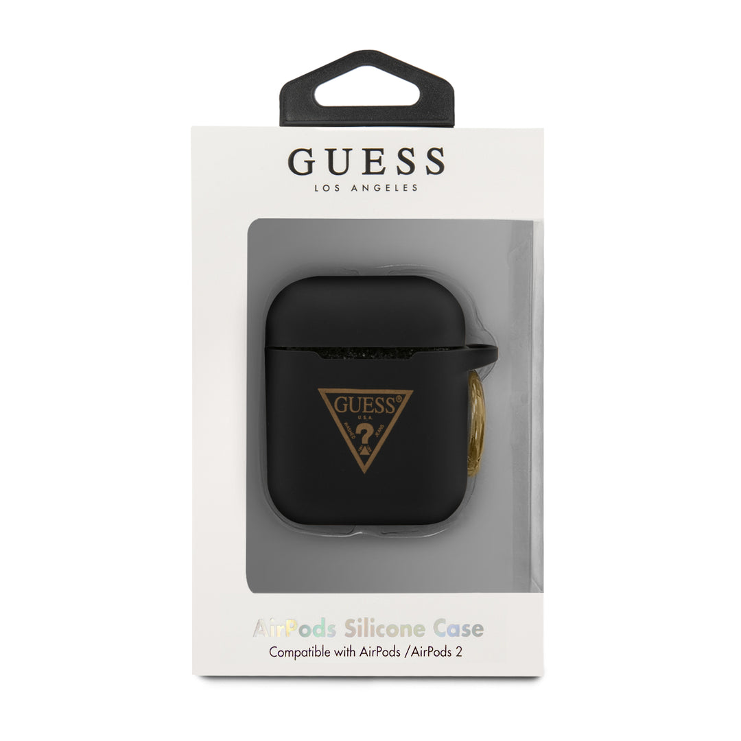 Case/Funda Guess de Silicón Negro con Logotipo Dorado Airpods