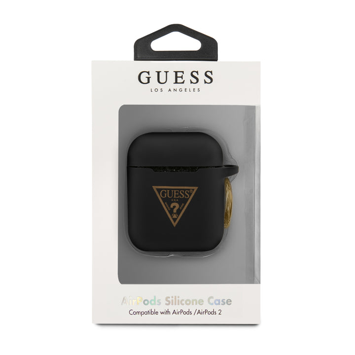 Case/Funda Guess de Silicón Negro con Logotipo Dorado Airpods