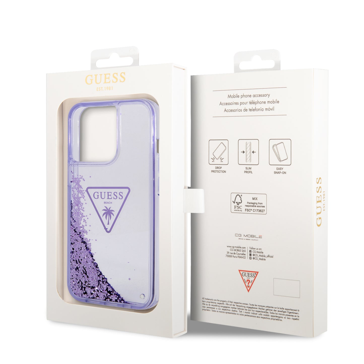 Case/Funda Guess de Brillos Líquidos Color Morado para iPhone 14 Pro