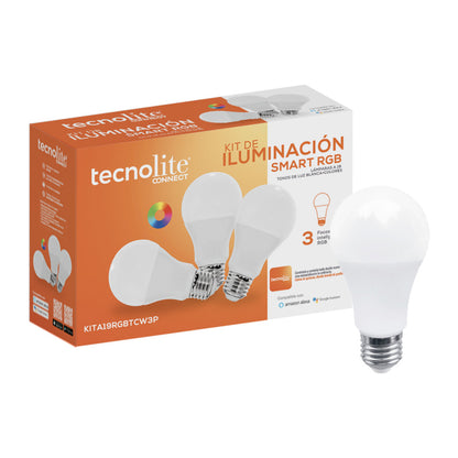 Paquete de 3 Focos LED Inteligentes A19 WiFi 8 W, Luz RGB + Blanca, Base E27